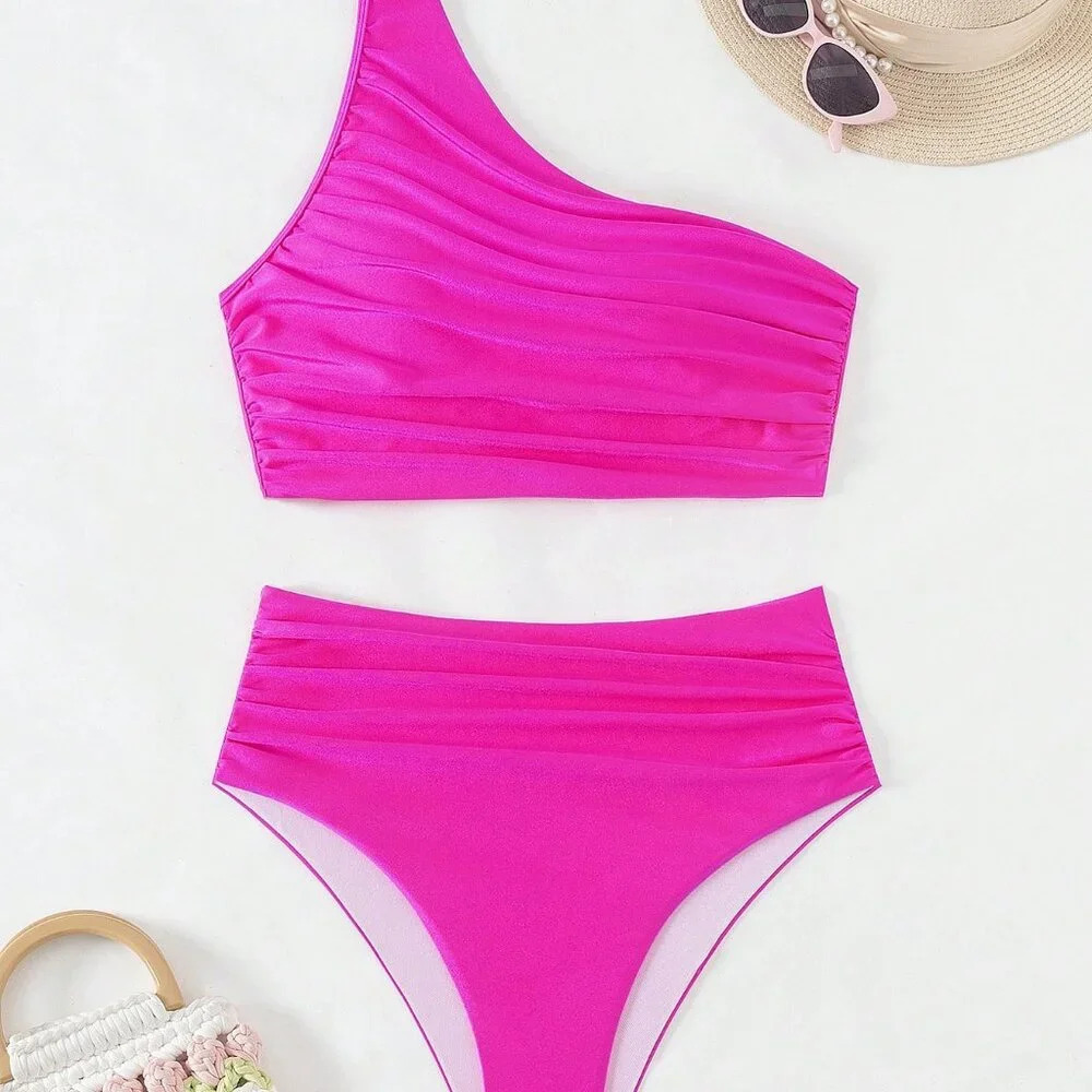 Hot Pink Elegant Women's Beach One Shoulder Sleeveless Bikini Set - Picture 6 of 7